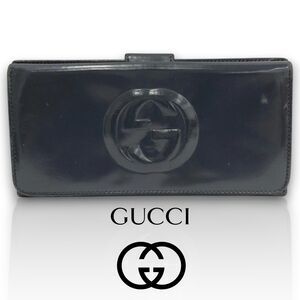 Gucci (Authentic) Vintage Y2K Soho GG Black Patent Leather Long Wallet VGUC
